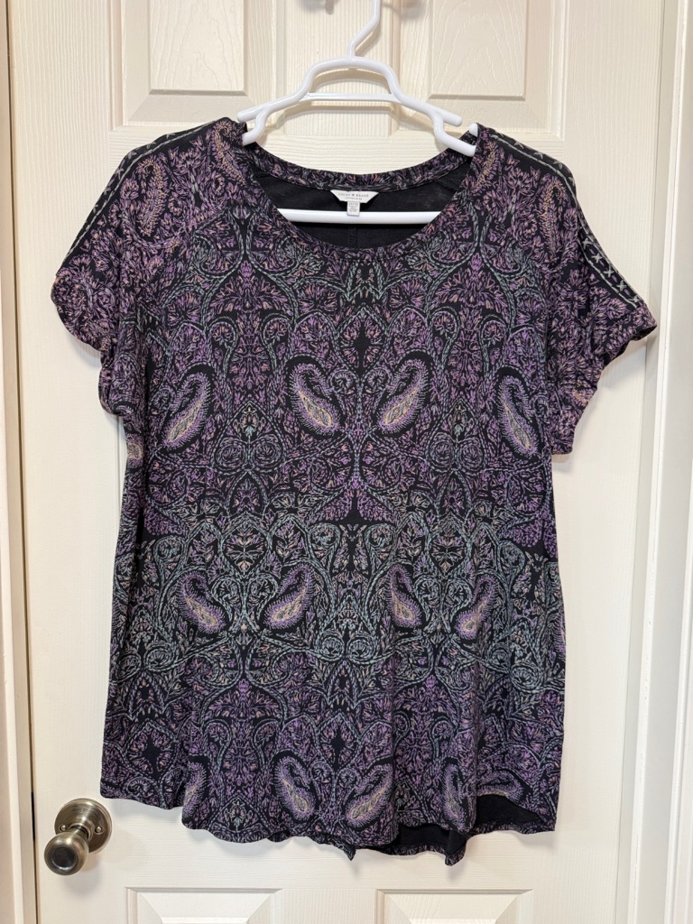 Lucky Brand Black and Purple Paisley Short Sleeve Tee